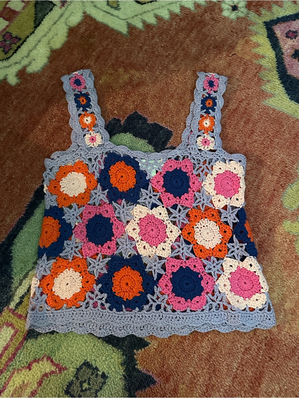 Handcrafted Crochet Floral Square Crop Top in Navy, Pink & Orange - Picture 3 of 3